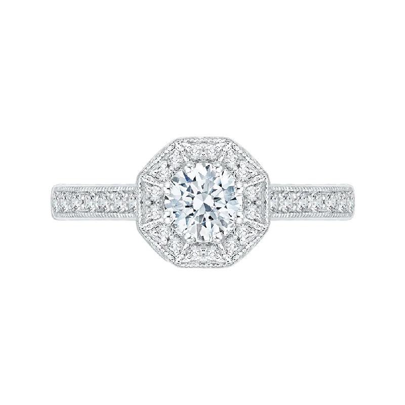 14K White Gold Round Diamond Octagon Shape Halo Engagement Ring