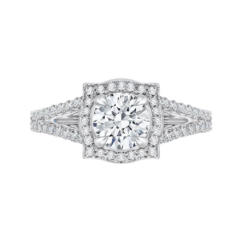 14K White Gold Round Halo Diamond Engagement Ring with Split Shank (Semi Mount)