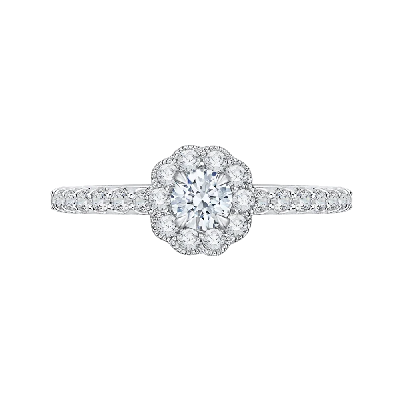 14K White Gold Round Halo Diamond Floral Engagement Ring