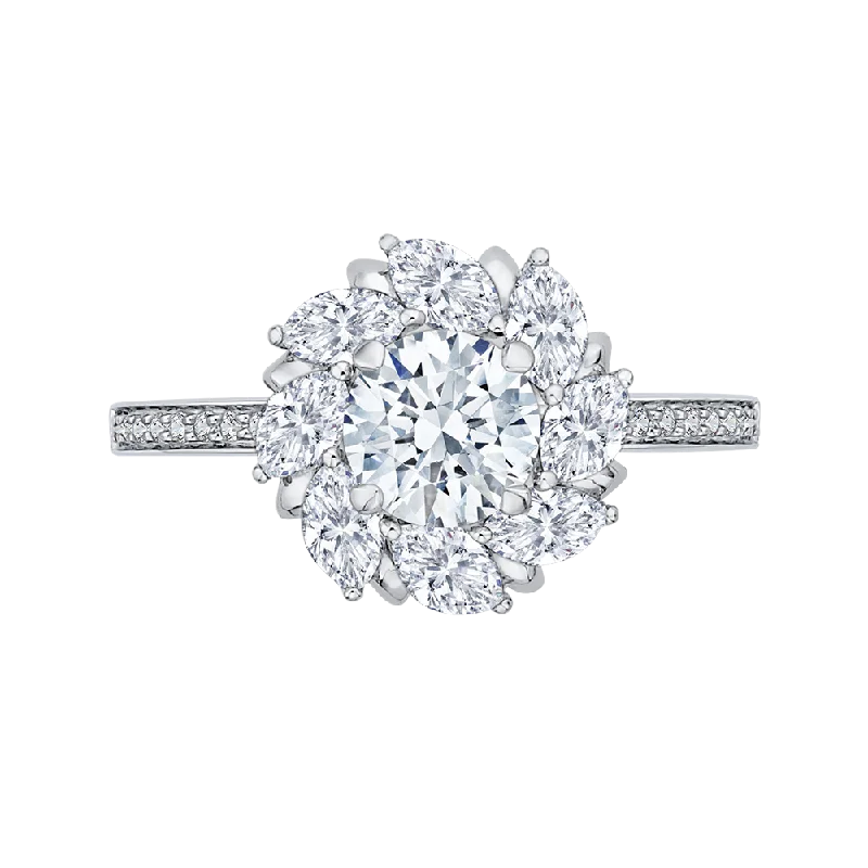 14K White Gold Round & Marquise Diamond Floral Engagement Ring