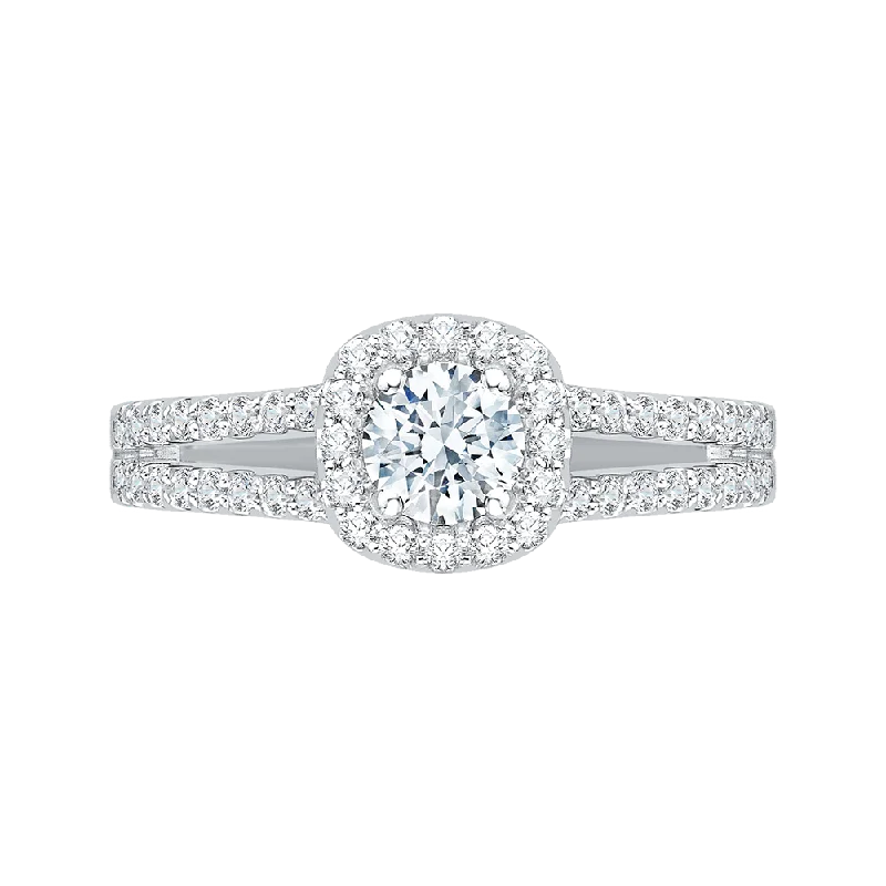 14K White Gold Split Shank Round Diamond Halo Engagement Ring