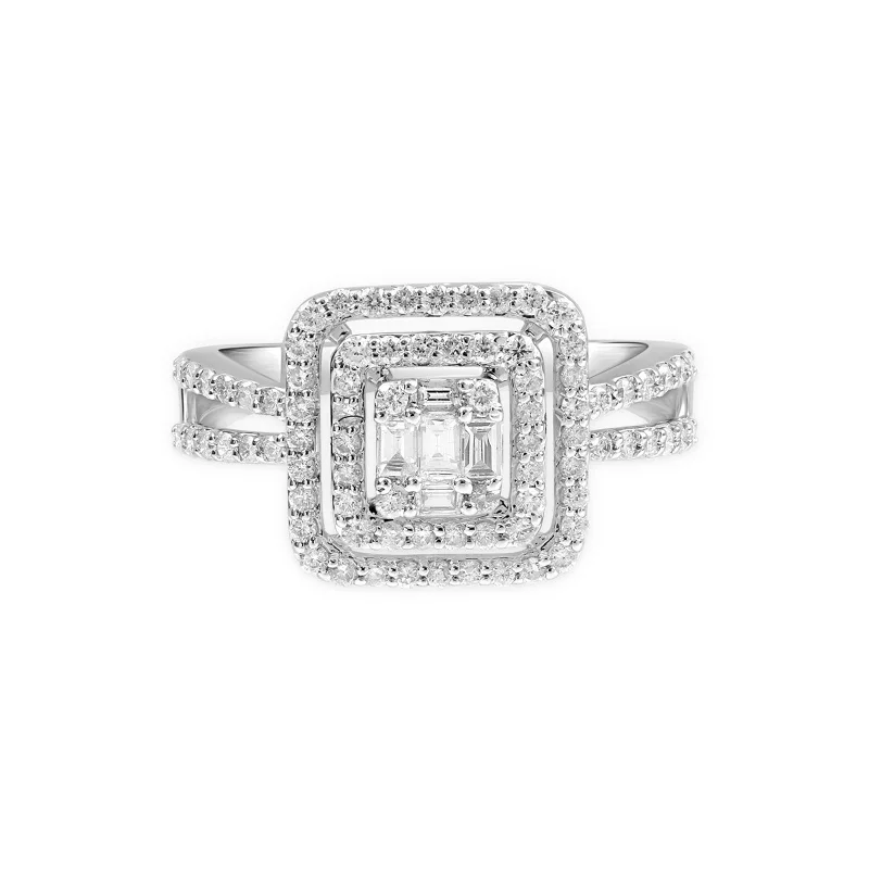 Cushion Cut Diamond Illusion Double Halo Double Band in Solid 18k White Gold