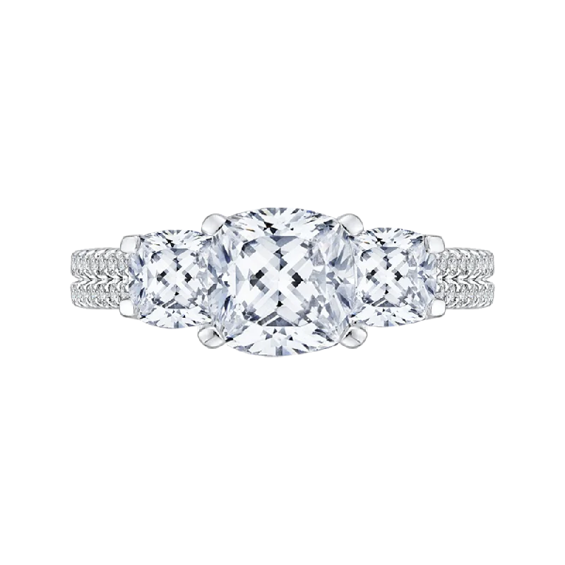 Cushion Cut Diamond with Sapphire Three Stone Cathedral Style Engagement Ring In 14K White Gold (Semi Mount)