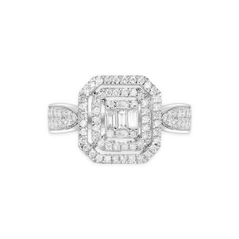 Cushion Cut Mixed Diamond Pave Ring in Solid 18k White Gold