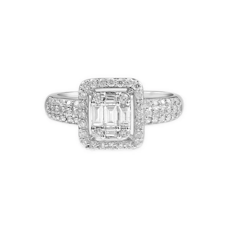 Diamond Baguette with Halo Ring in Solid 18k White Gold