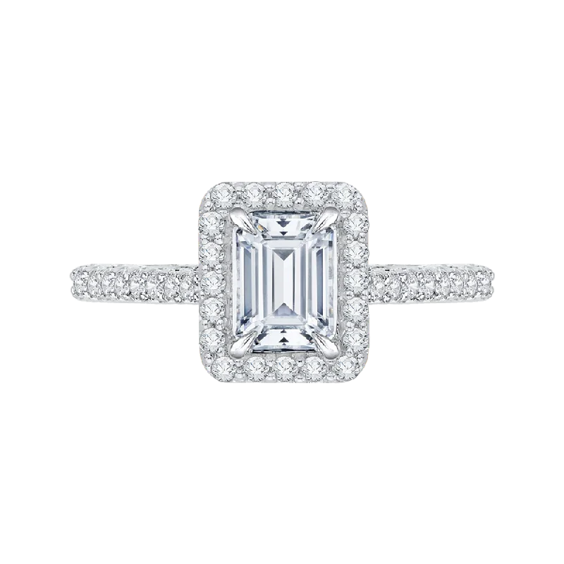 Emerald Cut Diamond Halo Engagement Ring In 14K White Gold (Semi Mount)