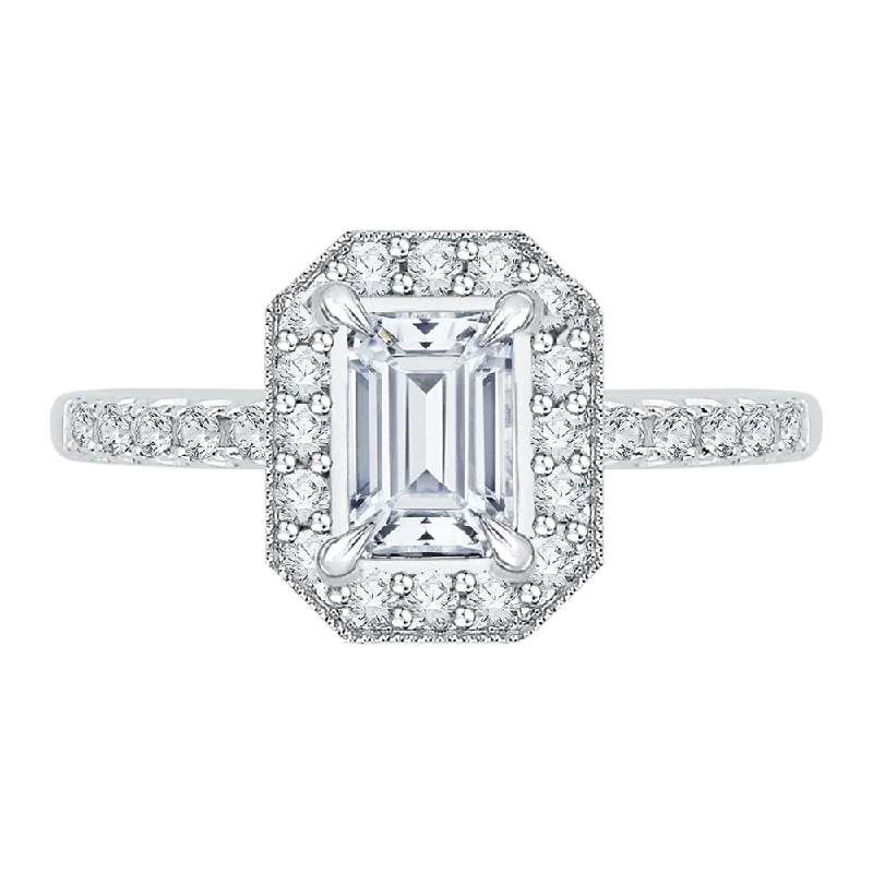 Emerald Cut Diamond Halo Engagement Ring In 14K White Gold (Semi Mount)