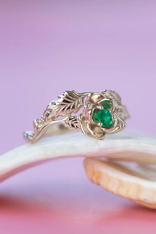 Emerald rose shaped engagement ring, white gold flower proposal ring / Blooming Rose