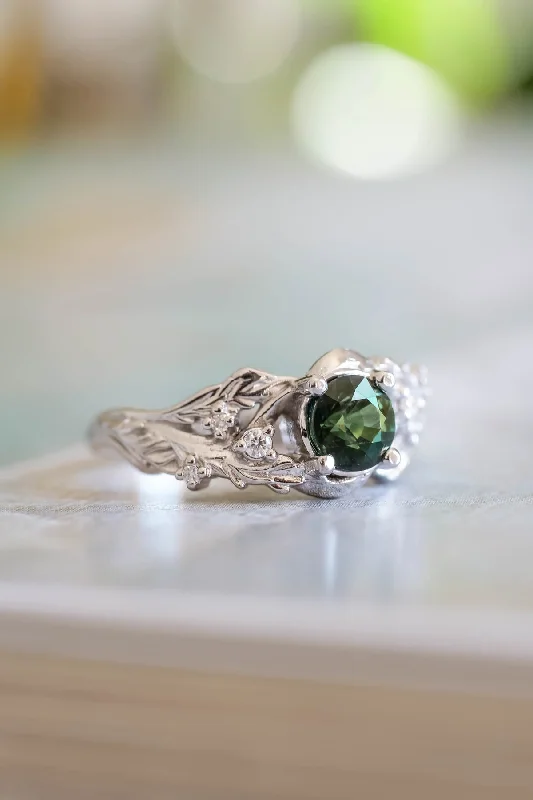 Genuine green sapphire engagement ring, nature inspired white gold engagement ring / Japanese Maple