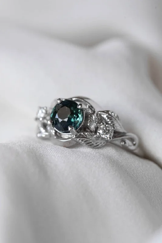 Genuine teal sapphire leaf engagement ring, white gold proposal ring with diamonds / Azalea