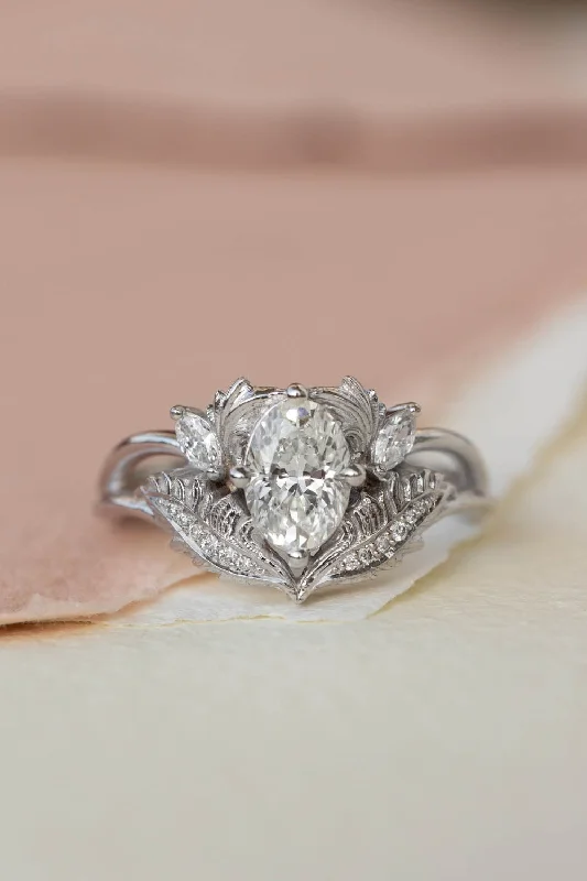 Lab grown diamond engagement ring, white gold ring with oval diamond / Adonis