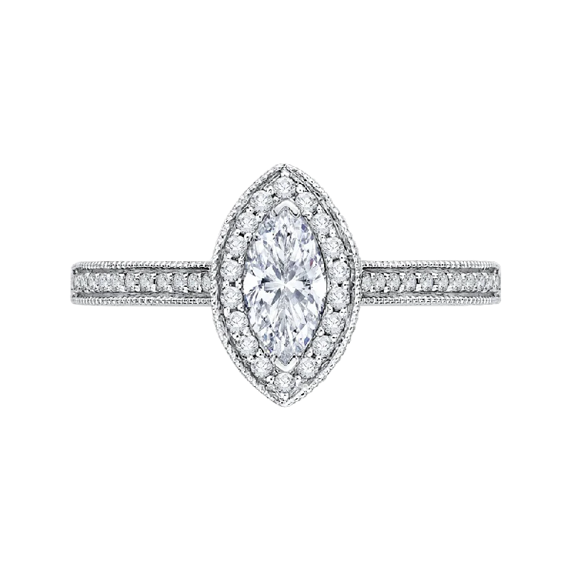 Marquise Diamond Halo Engagement Ring In 14K White Gold