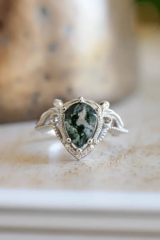 Moss agate white gold ring, one of a kind engagement ring / Lida