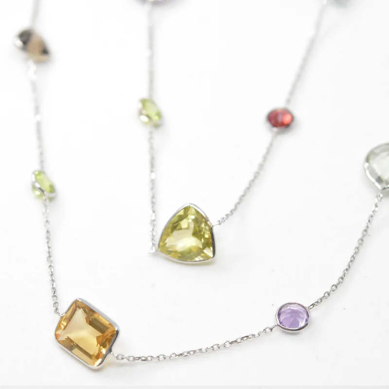 Multi-Colored Gem Stone Necklace 14K White Gold