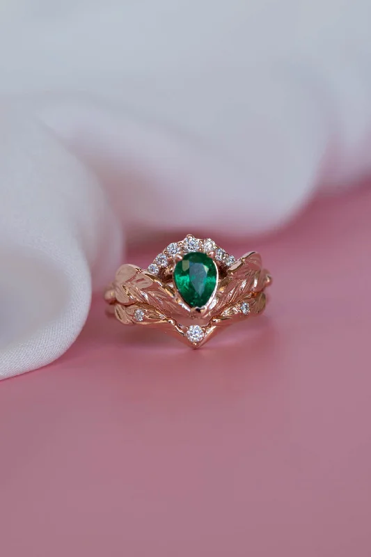 Natural emerald bridal ring set, diamond crown gold leaf engagement and wedding rings  / Palmira Crown