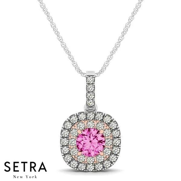 Vintage 18K Rose & White Gold Round Cut Diamonds & Pink Sapphire In Double Halo Necklace