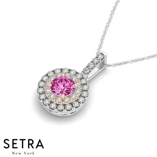 Vintage 18K Rose & White Gold Round Cut Diamonds & Pink Sapphire In Double Halo Necklace