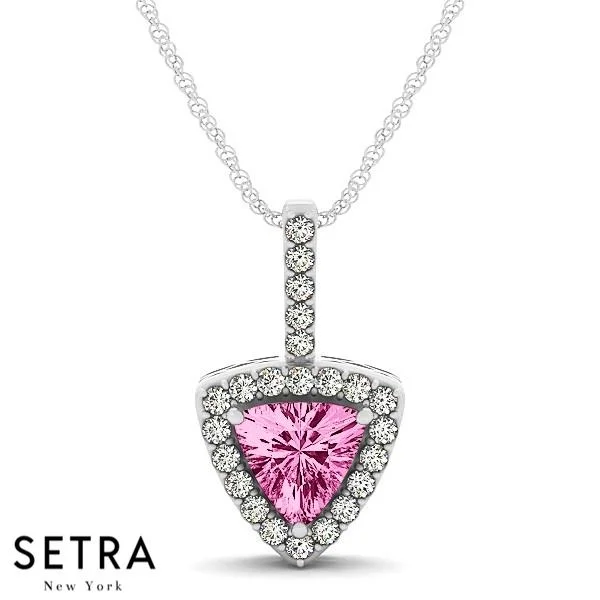 18K White Gold Round Cut Diamonds & Triangle Pink Sapphire In Halo Necklace