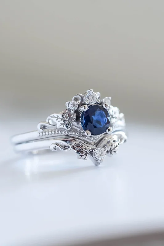 READY TO SHIP: Ariadne in 14K white gold, round cut natural non-treated blue sapphire 5 mm, moissanites, RING SIZE 5.5 - 8.5 US