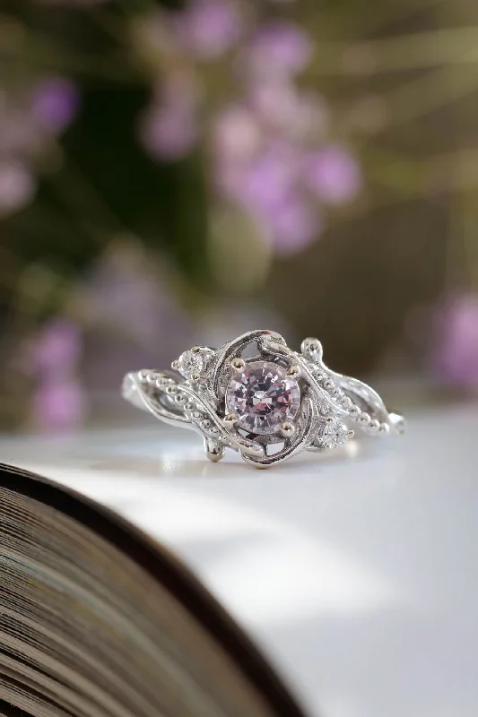 READY TO SHIP: Undina in 14K white gold, natural pink sapphire, 5 mm, moissanites, AVAILABLE RING SIZES: 5.5 - 8.5 US