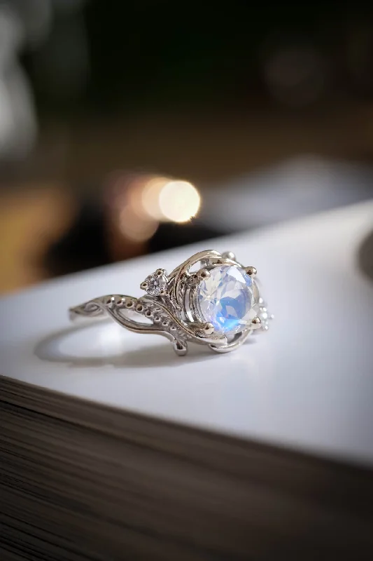 READY TO SHIP: Undina in 14K white gold, natural rainbow moonstone 6.5 mm, moissanites, AVAILABLE RING SIZES: 5.5 - 8.5 US