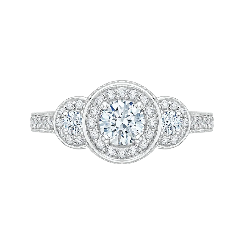 Round Cut Diamond Three Stone Halo Engagement Ring In 14K White Gold