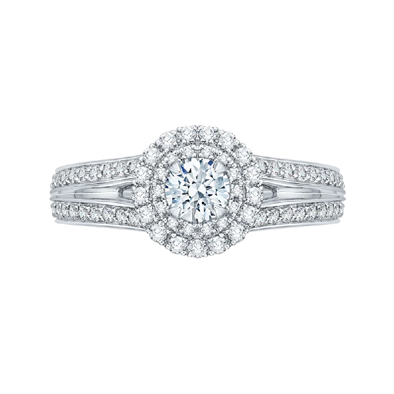 Round Diamond Double Halo Engagement Ring with Split Shank In 14K White Gold