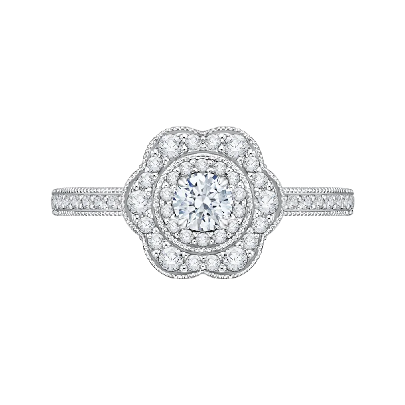 Round Diamond Floral Halo Engagement Ring In 14K White Gold