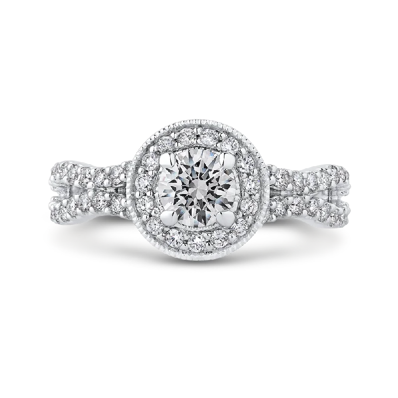 Round Diamond Halo Engagement Ring with Split Shank In 14K White Gold