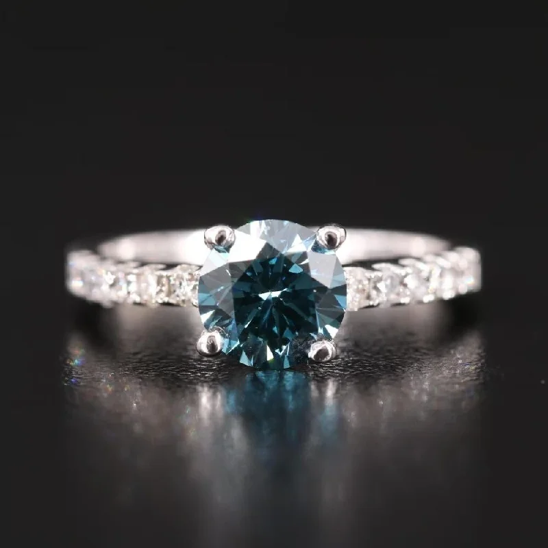 1 1/2Ct Blue & White Diamond Engagement Ring White Gold Lab Grown