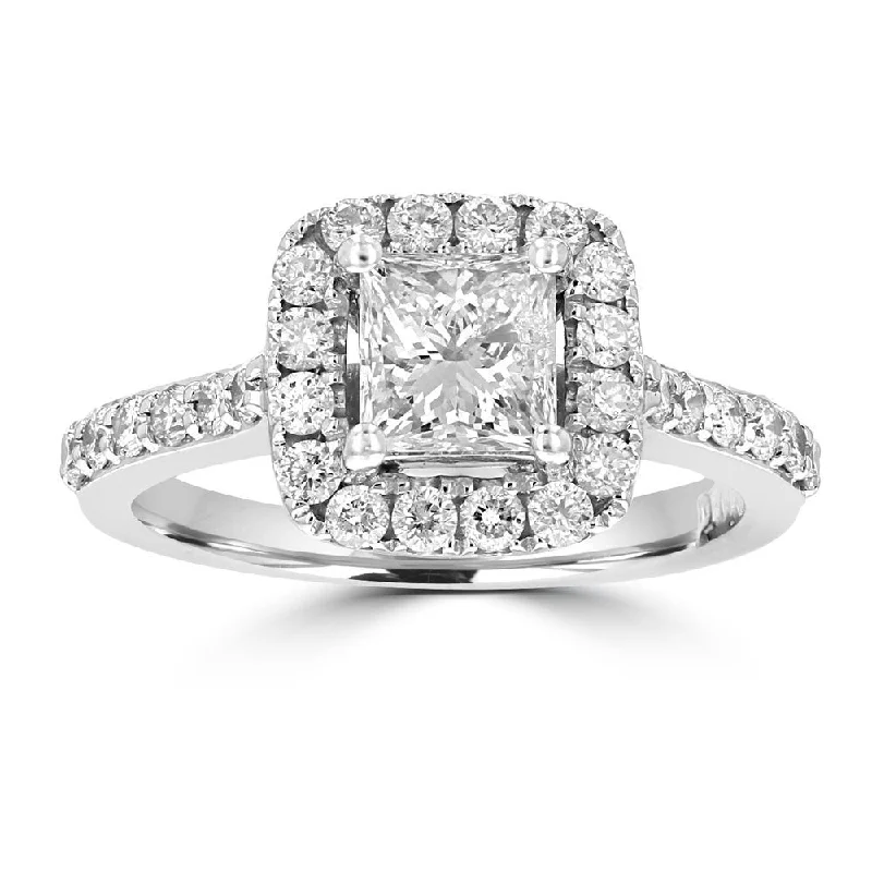 14KT WHITE GOLD 1 1/2 CTW PRINCESS CUT DIAMOND ACCENT HALO RING