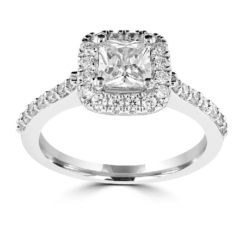 14KT WHITE GOLD 1 1/4 CTW PRINCESS CUT DIAMOND ACCENT HALO RING