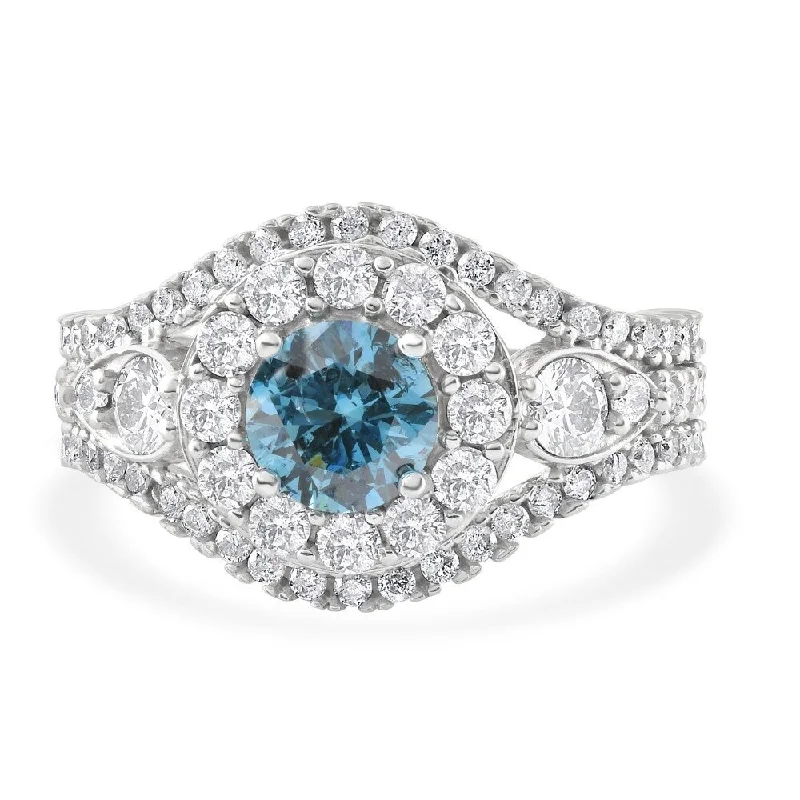 2Ct TW Blue & White Diamond Multi Row Engagement Ring in White Gold