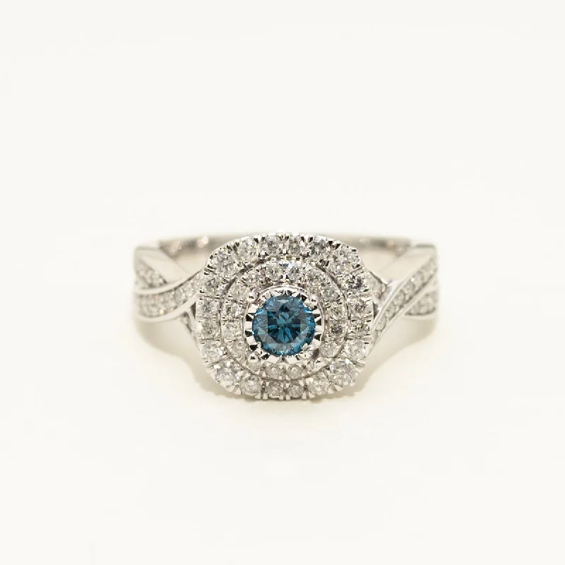 Blue Diamond Double Halo Engagement Ring in 14kt White Gold (7/8ct tw)