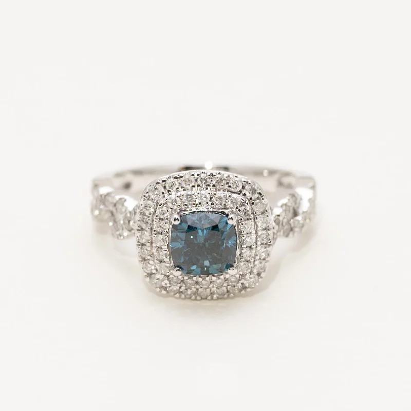 Cushion Blue Diamond Halo Engagement Ring in 14kt White Gold (2ct tw)