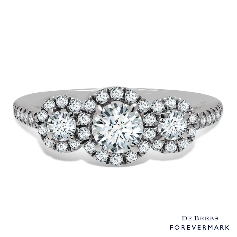 Forevermark Diamond Three Stone Halo Engagement Ring in 18kt White Gold (1ct tw)