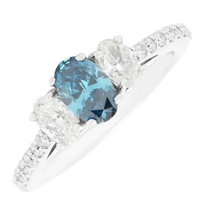 Oval Blue Diamond Three Stone Engagement  Ring in 14kt White Gold (1 1/5ct tw)