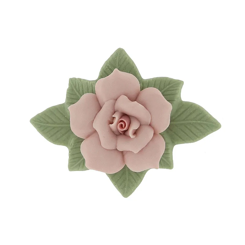 1928 Jewelry Large Pink Genuine Porcelain Rose And Green Leaf Bar Pin