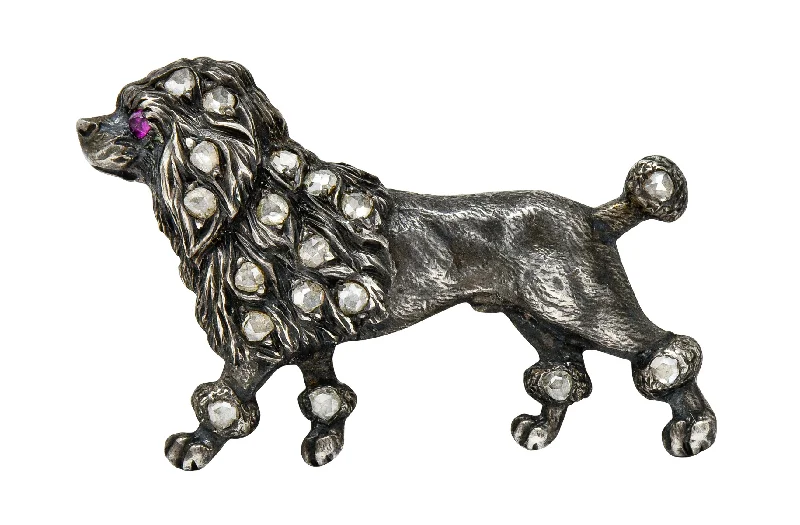 1860's Victorian Diamond Ruby Silver-Topped 14 Karat Gold Poodle Dog Brooch