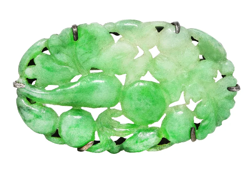 1920's Art Deco Carved Jadeite Jade Sterling Silver Floral Fruit Brooch GIA