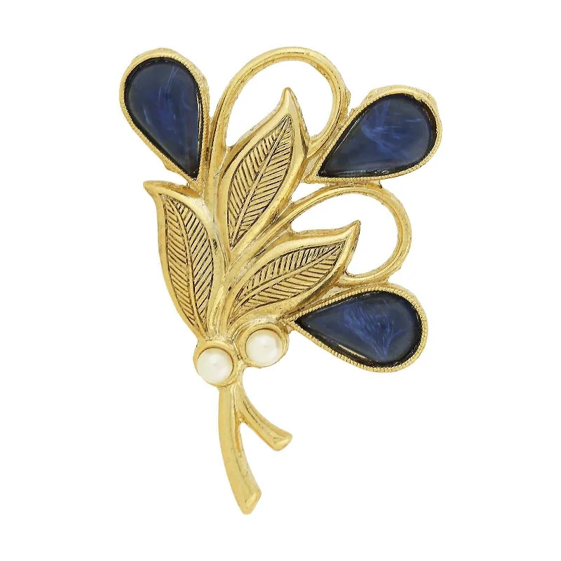 1928 Jewelry Montana Blue Glass Stone & Faux Pearl Gold Bouquet Pin