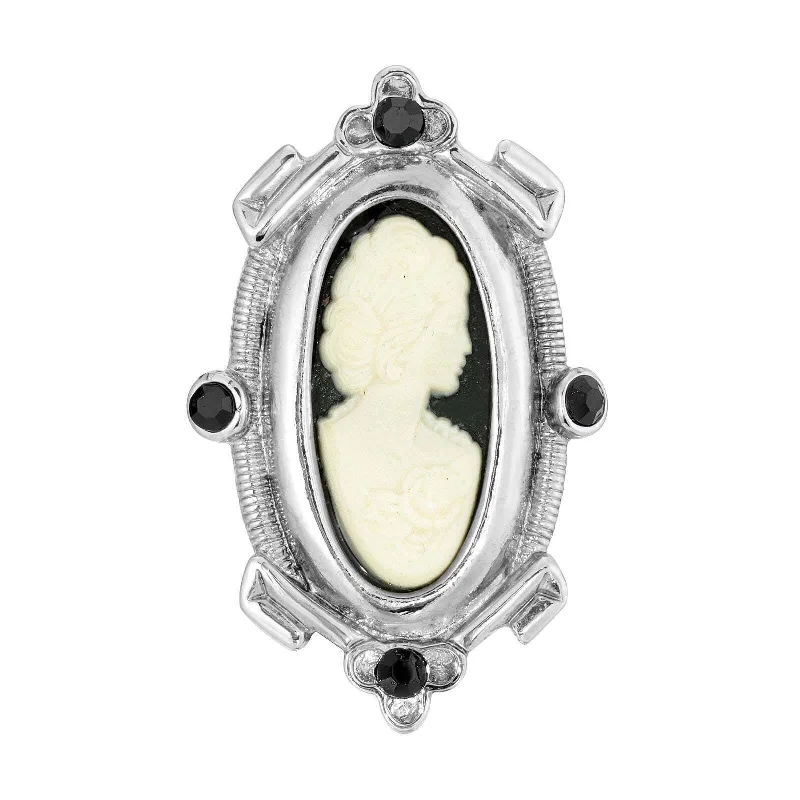 1928 Jewelry Oval Matte Black & Ivory Cameo Crystal Pin