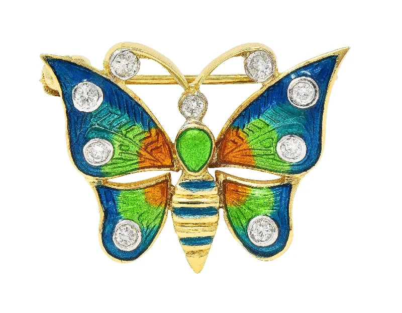 1970's Diamond Enamel 14 Karat Two-Tone Gold Vintage Butterfly Brooch