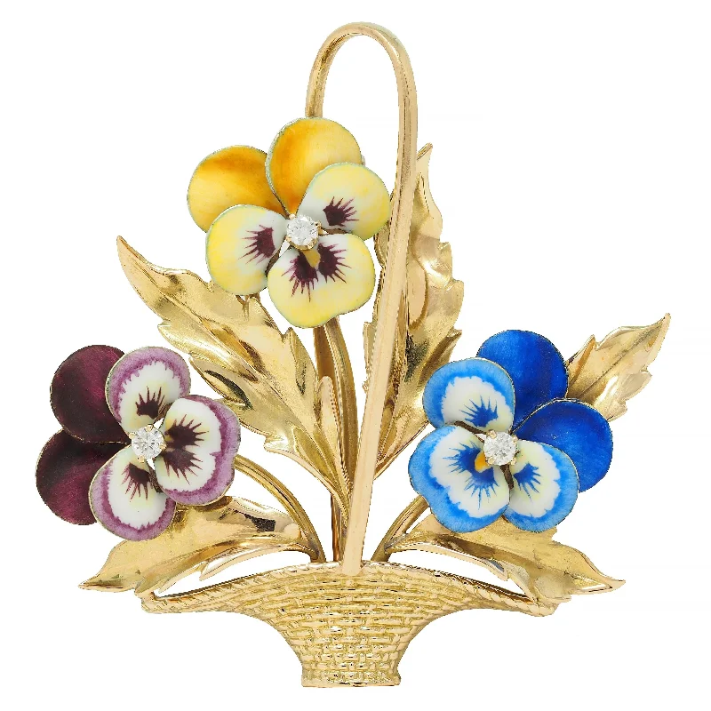 A. J. Hedges & Co. Enamel Diamond 14 Karat Yellow Gold Antique Basket Of Pansies Brooch