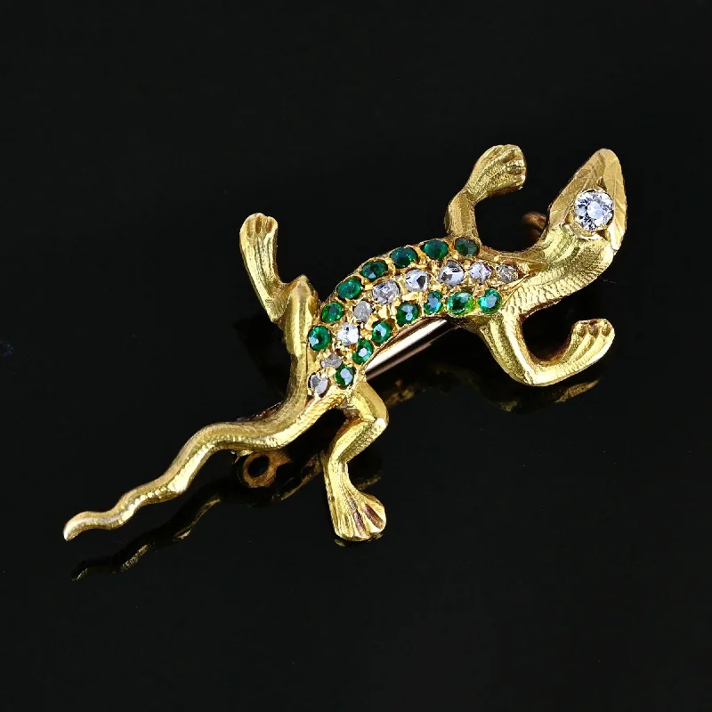 Antique Emerald & Rose Cut Diamond Salamander Brooch in 14K Gold