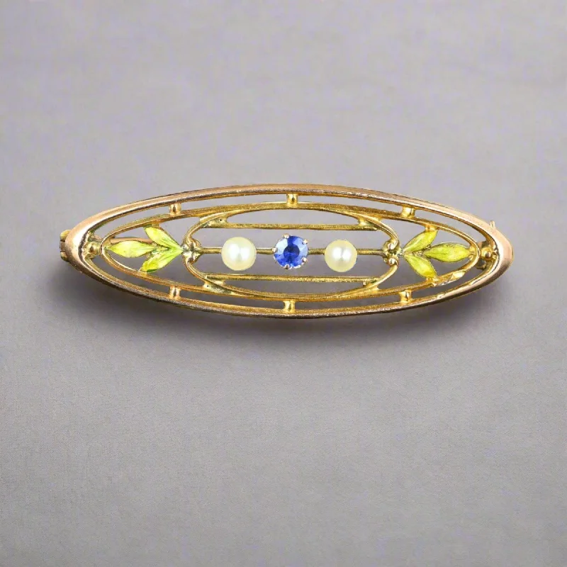 Antique Gold Krementz Enamel Leaf Pearl Sapphire Brooch