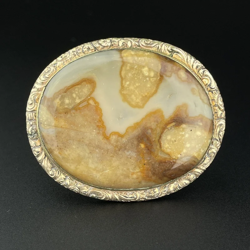 Antique Victorian Gold Engraved Lace Picture Agate Brooch