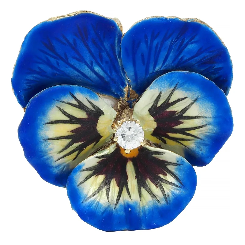 Art Nouveau Diamond Blue Enamel 14 Karat Yellow Gold Antique Pansy Pendant Brooch