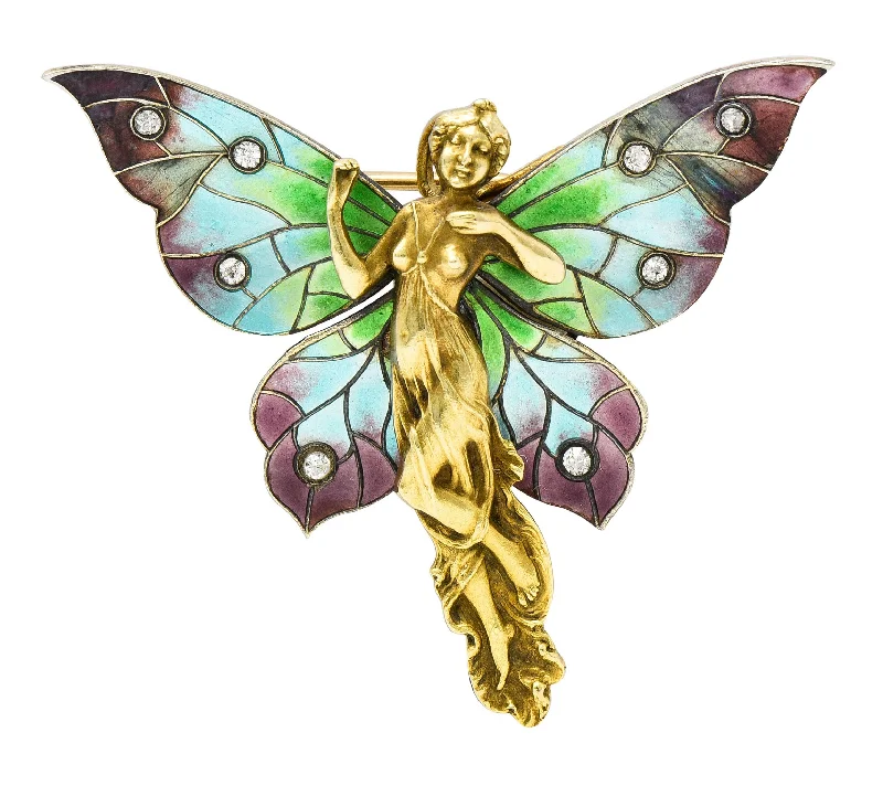 Art Nouveau Diamond Enamel 14 Karat Gold Fairy Antique Brooch