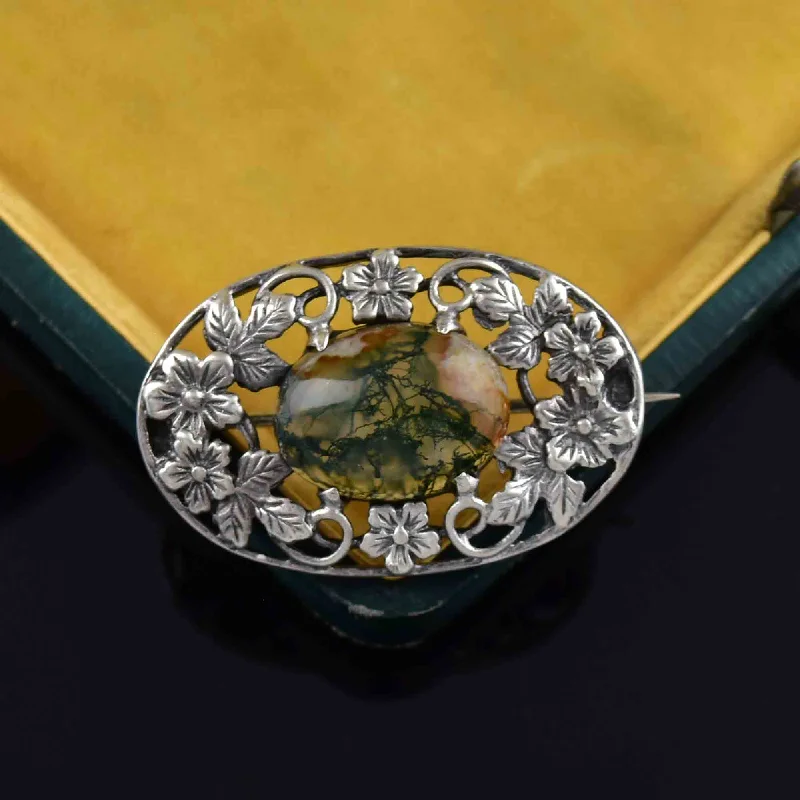 Arts and Crafts Silver Forget Me Not Scottish Moss Agate Brooch